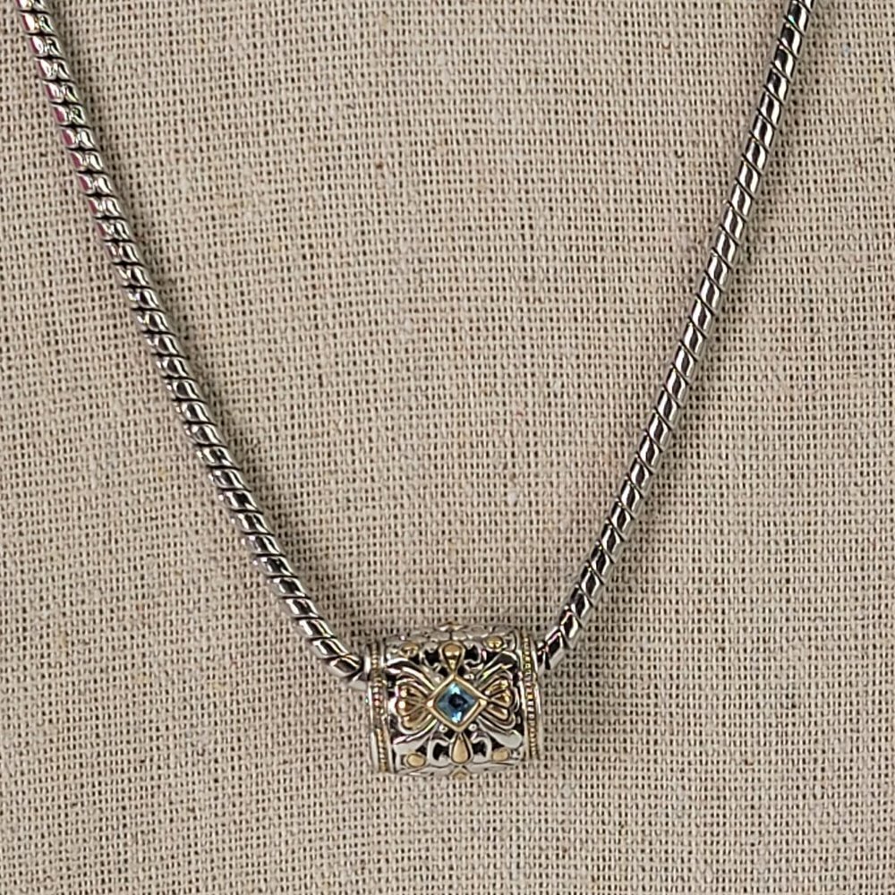 Silver-Tone Barrel Slider Necklace Blue Crystal Bead Stainless Steel Snake Chain